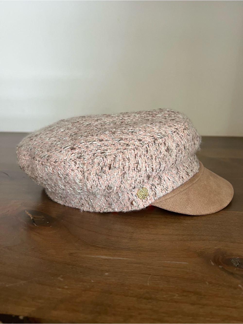 Vince Camuto Light Pink Tweed Newsboy Cap Suede Bill Hat
